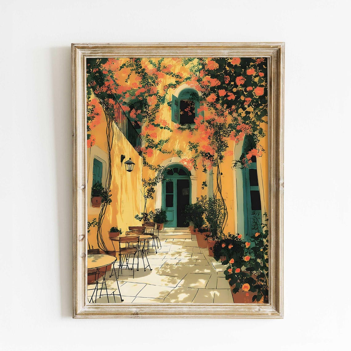 Sunlit Mediterranean Courtyard Cafe Bougainvillea Watercolor Poster