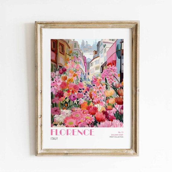 Florence Italy Wall Art Print Floral Street Poster Romantic European Travel Decor Tuscan Illustration