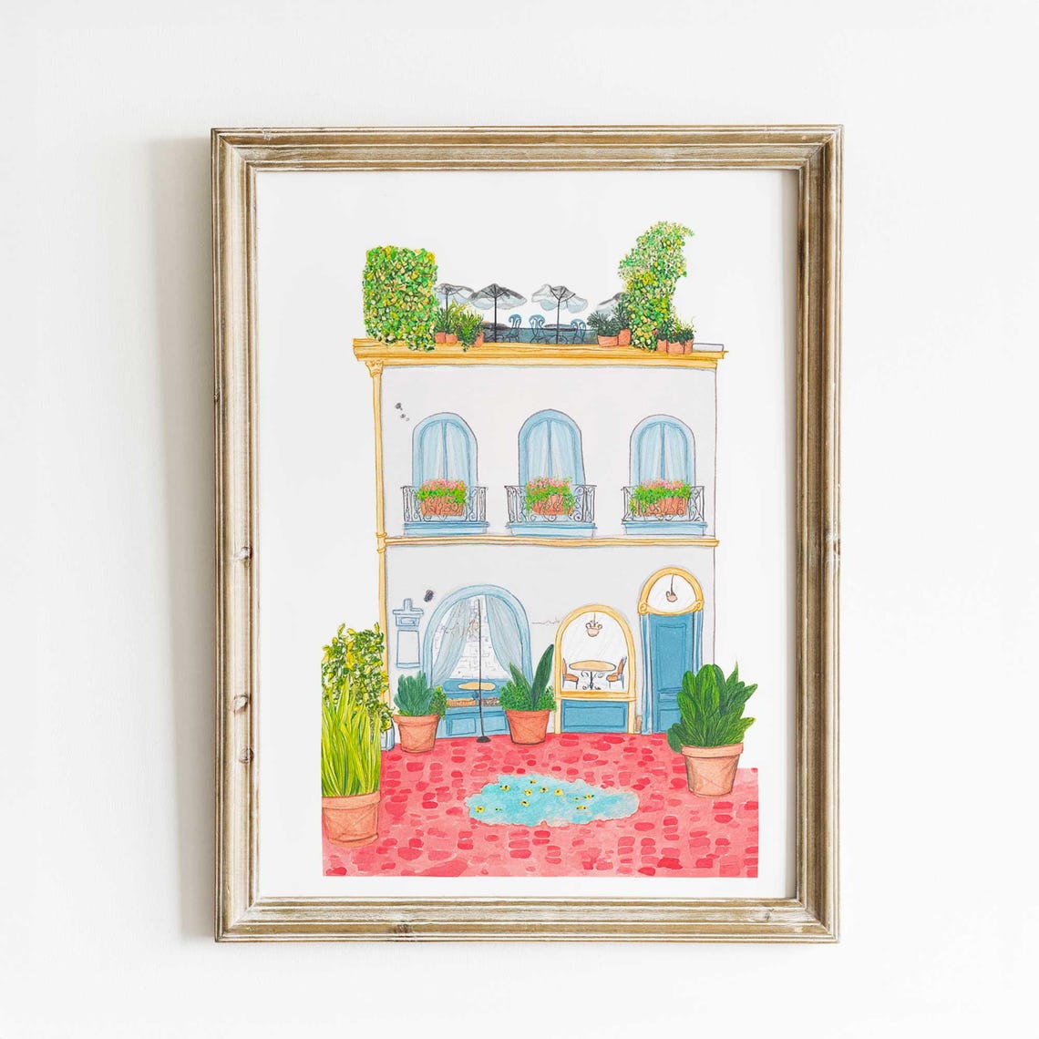 White Mediterranean Cafe Watercolor Print with Rooftop Terrace View