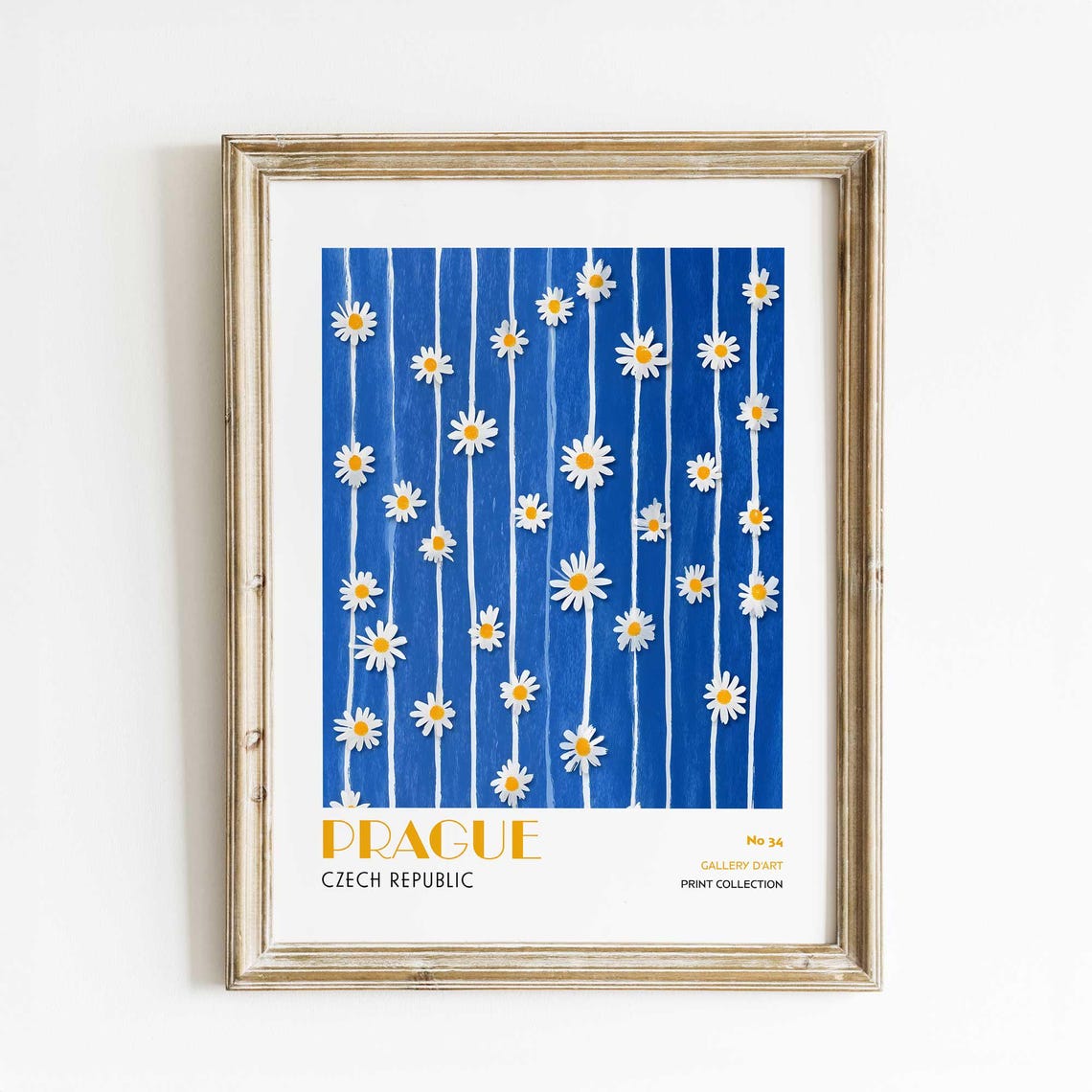 Prague Daisies on Cobalt Blue Czech Gallery Floral Art Poster