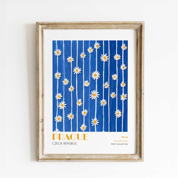 Prague Daisies on Cobalt Blue Czech Gallery Floral Art Poster