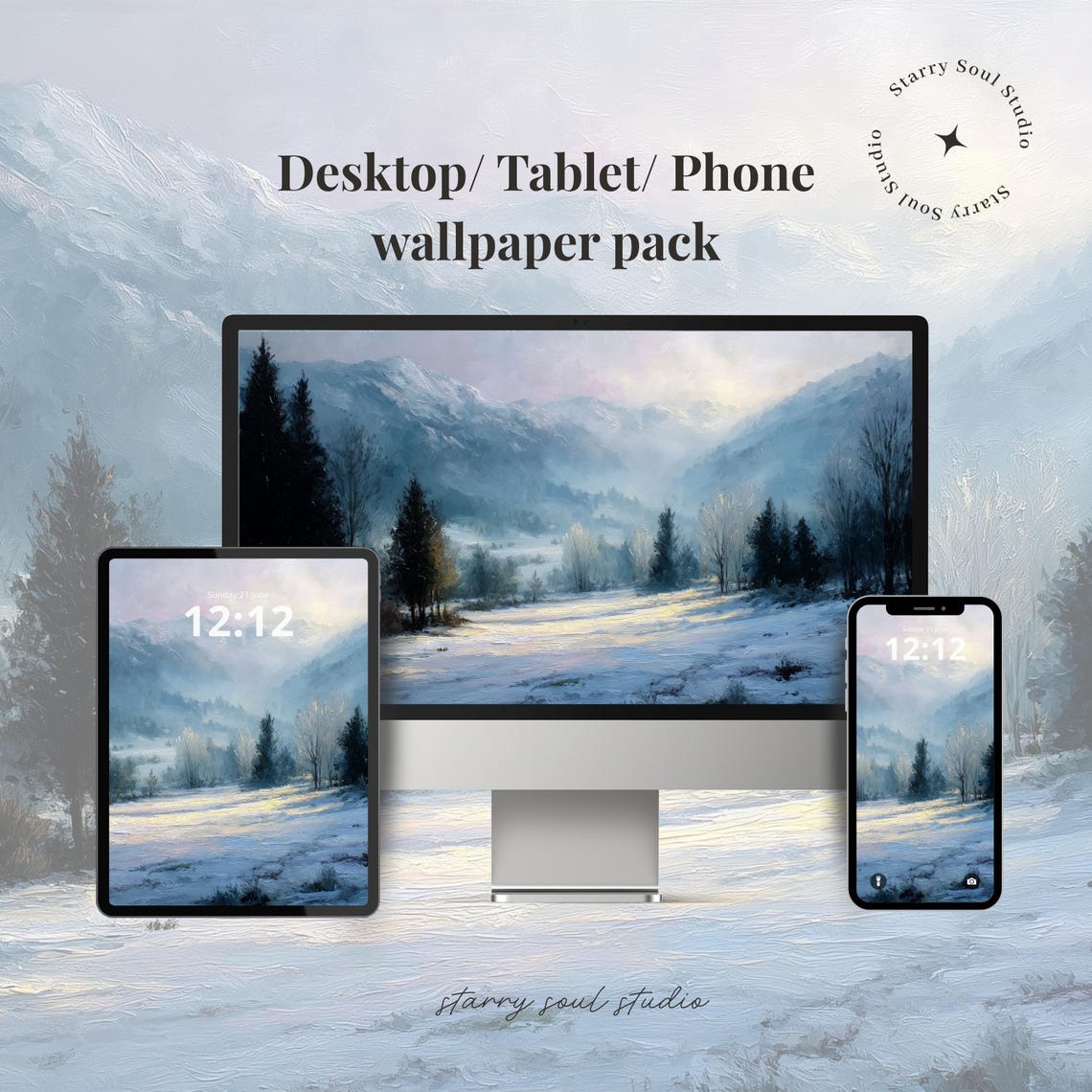 Snowy Winter Mountain Landscape Desktop Phone Wallpaper Poster