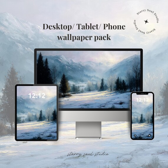 Snowy Winter Mountain Landscape Desktop Phone Wallpaper Poster