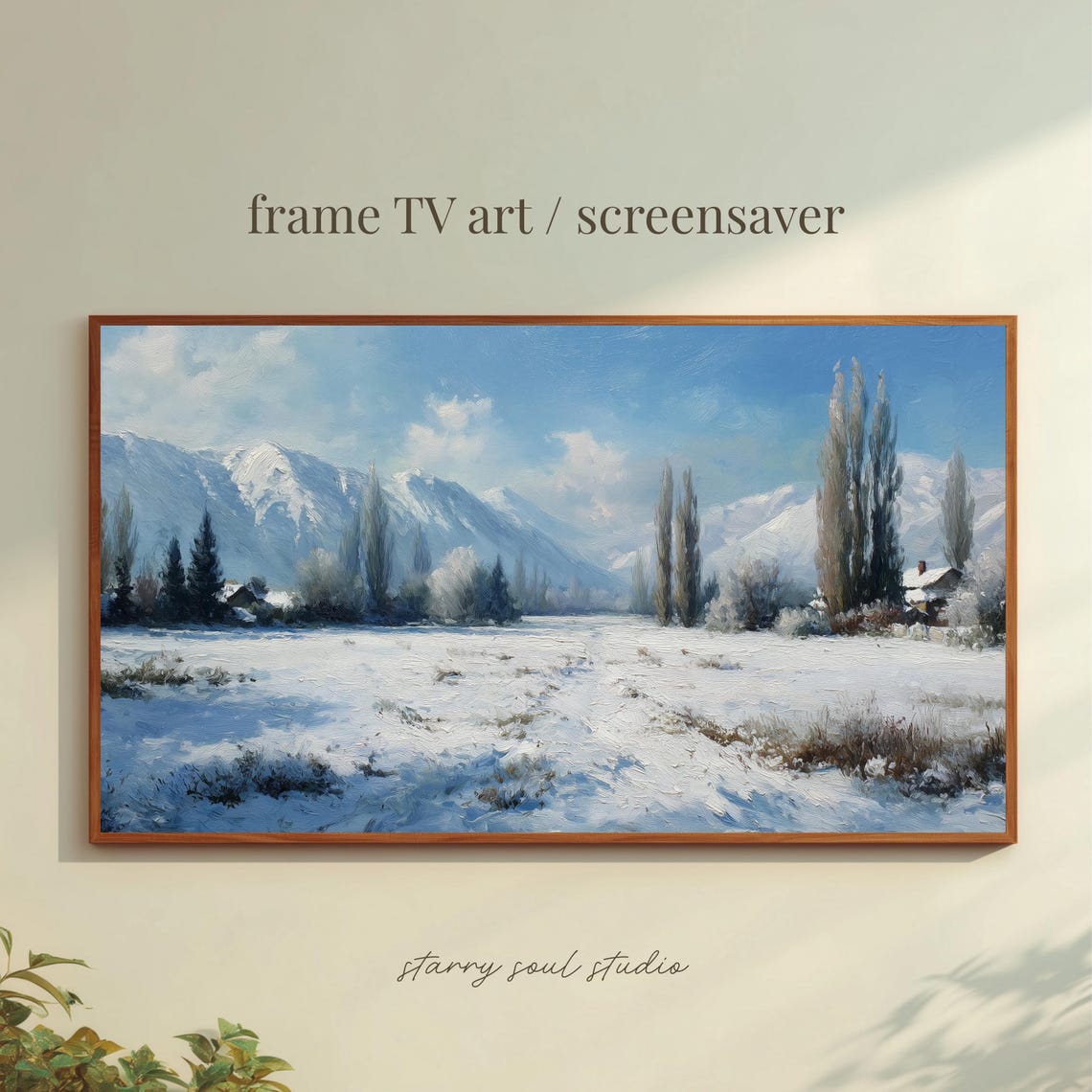Bright Blue Sky Snowy Mountain Field Poplars Winter Painting TV Poster
