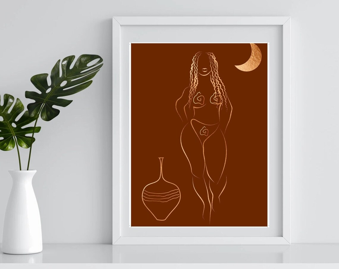 Boho Black Woman Line Art Terracotta Female Figure Moon Poster - Image 4