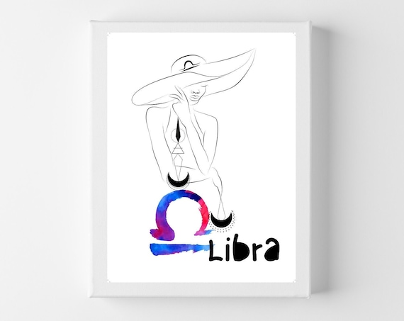 Libra Zodiac Line Art Woman Watercolor Scales Star Sign Poster