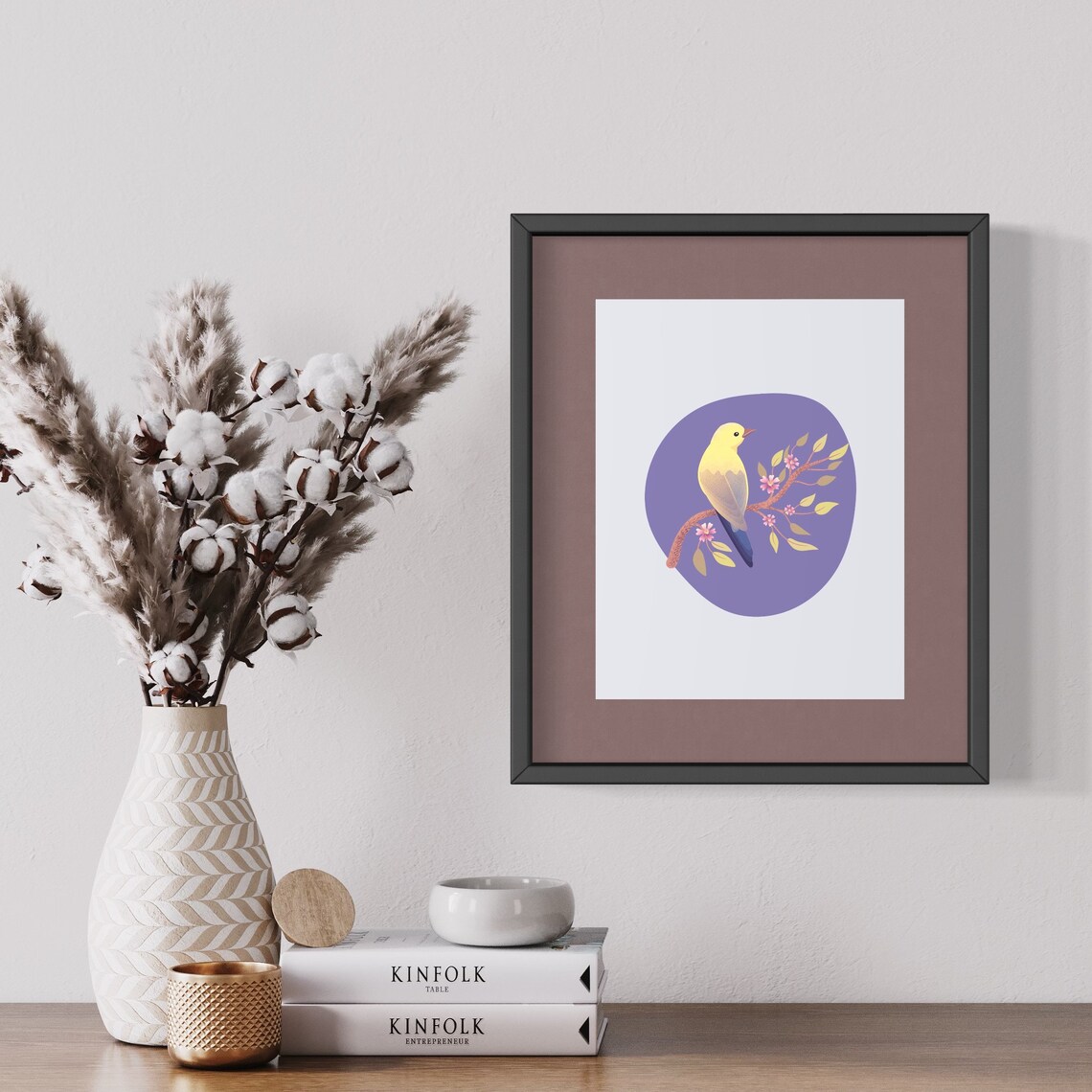 Yellow Songbird Blossom Branch Purple Background Nature Poster