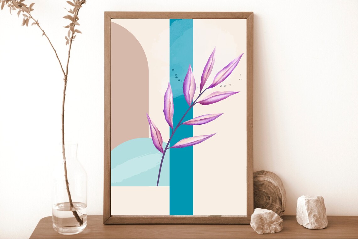 Turquoise Beige Abstract Botanical Leaf Minimalist Modern Art Poster - Image 2