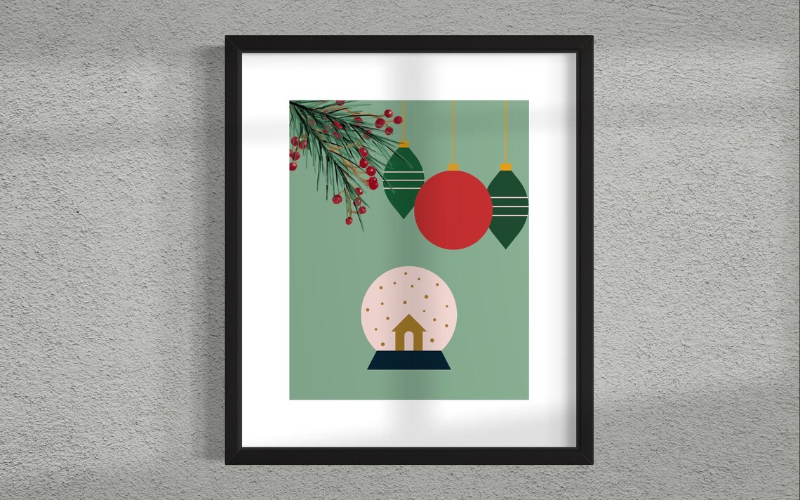 Minimalist Christmas Ornaments Snow Globe Sage Green Wall Poster - Image 3