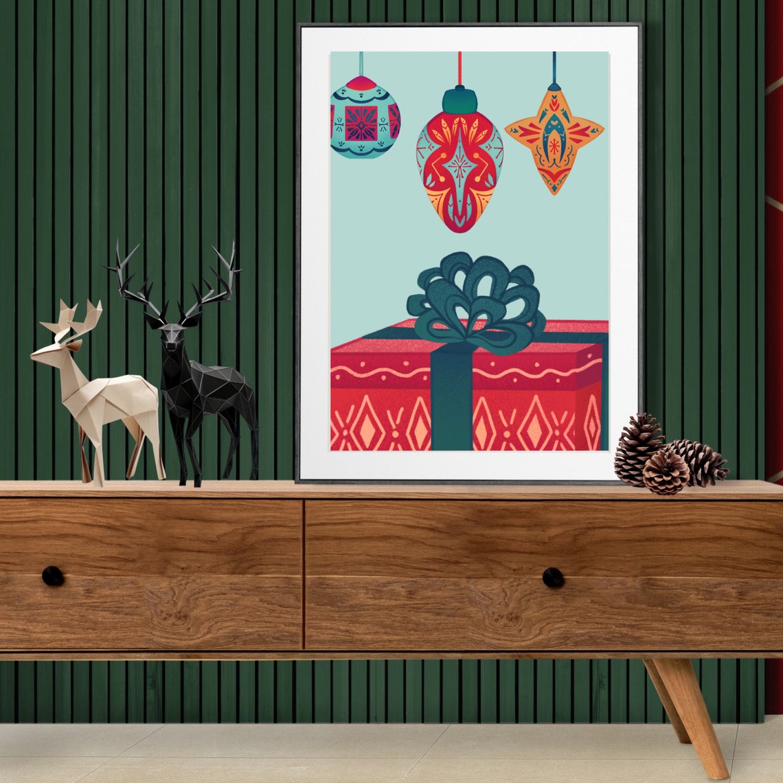 Colorful Christmas Gift Box Ornaments Festive Holiday Wall Poster