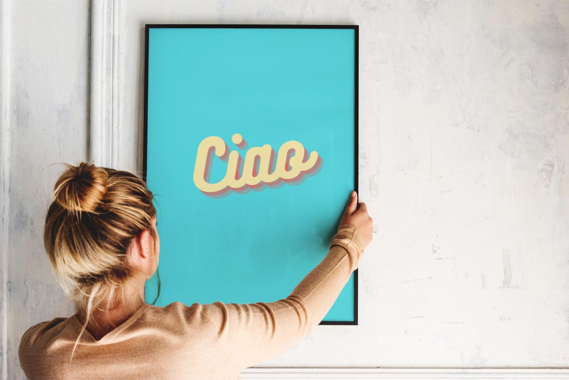 Ciao Retro Script Typography Turquoise Italian Greeting Art Poster