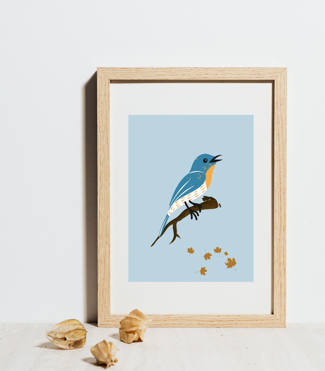 Bluebird On Branch Autumn Leaves Minimalist Bird Illustration Poster