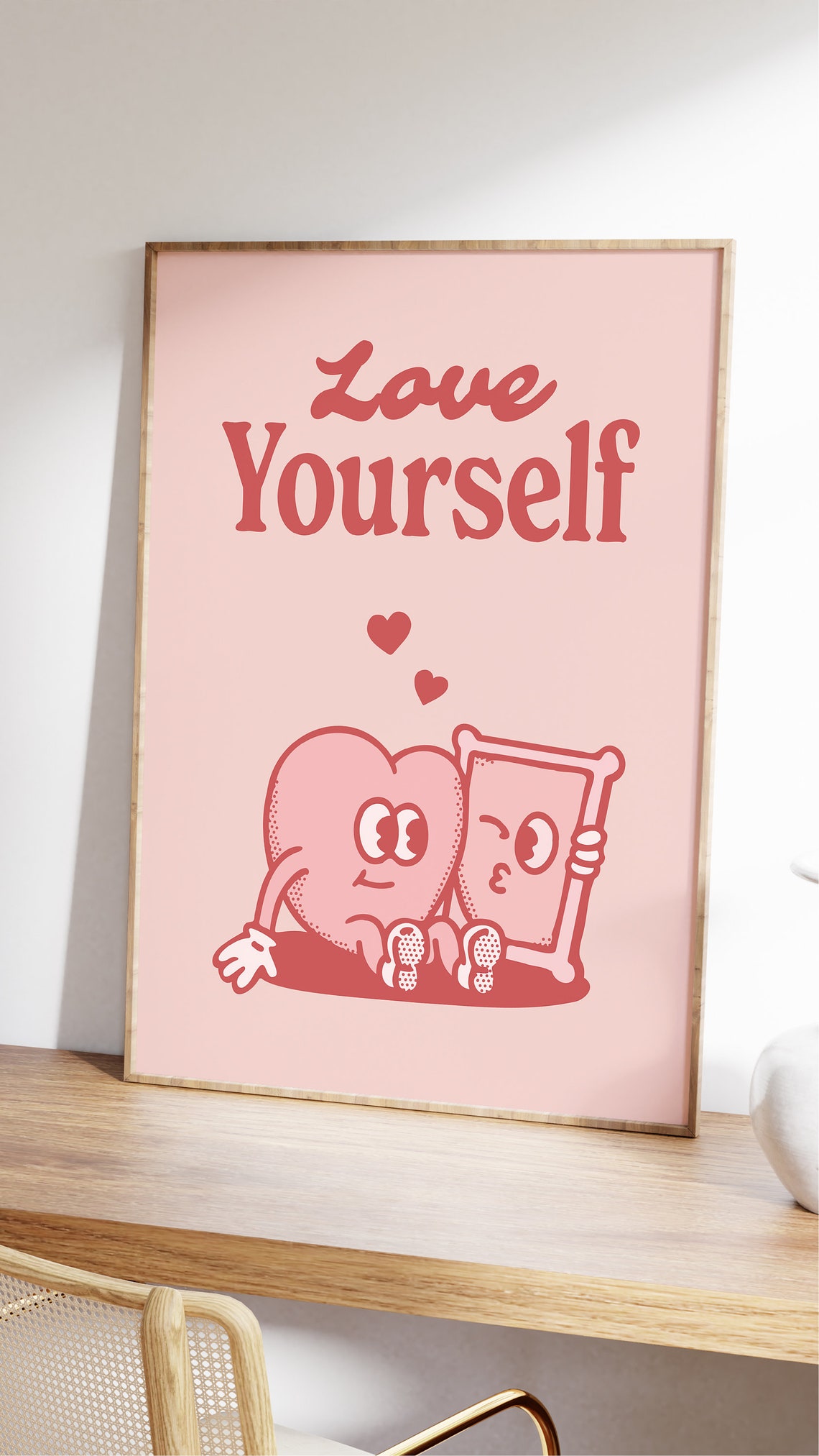 Love Yourself Retro Pink Heart Hugging Mirror Quote Wall Art - Image 2