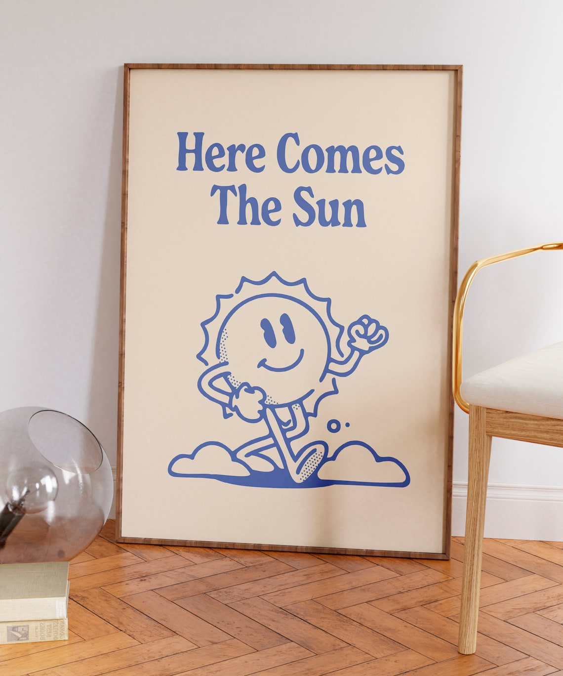 Here Comes The Sun Quote Retro Cartoon Blue Typography Wall Art - Image 4