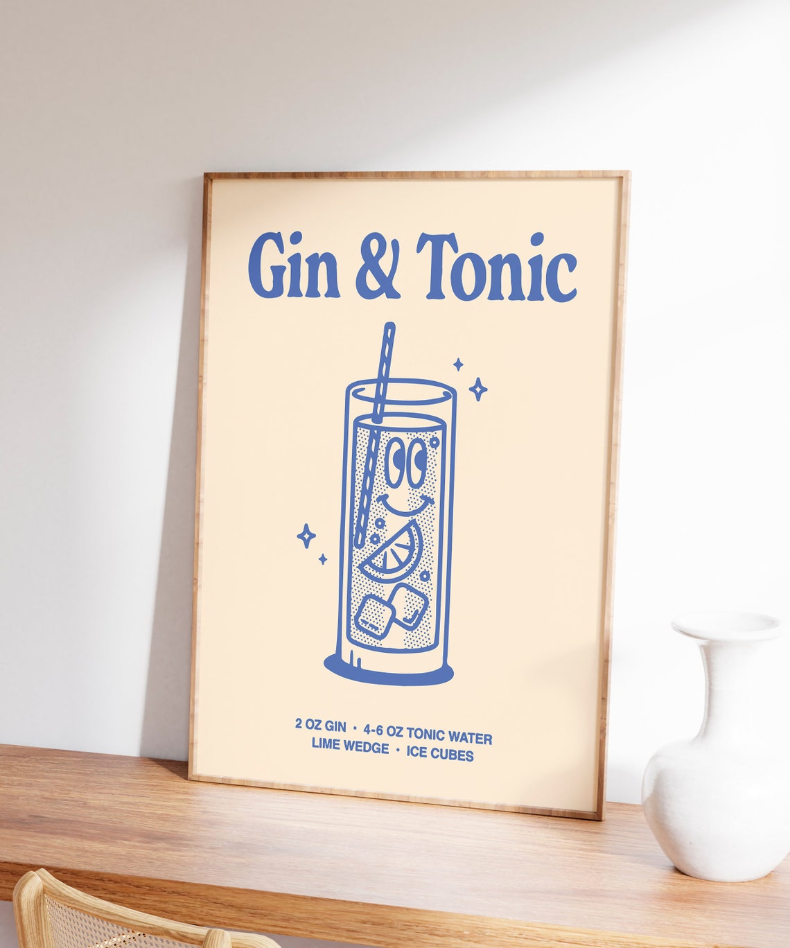 Gin and Tonic Cocktail Recipe Blue Retro Line Art Bar Cart Poster - Image 6