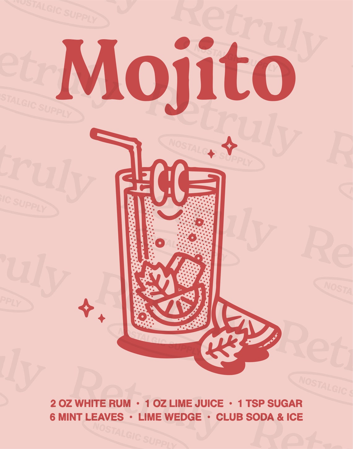 Mojito Cocktail Recipe Pink Line Art Kitchen Bar Cart Poster - Image 2