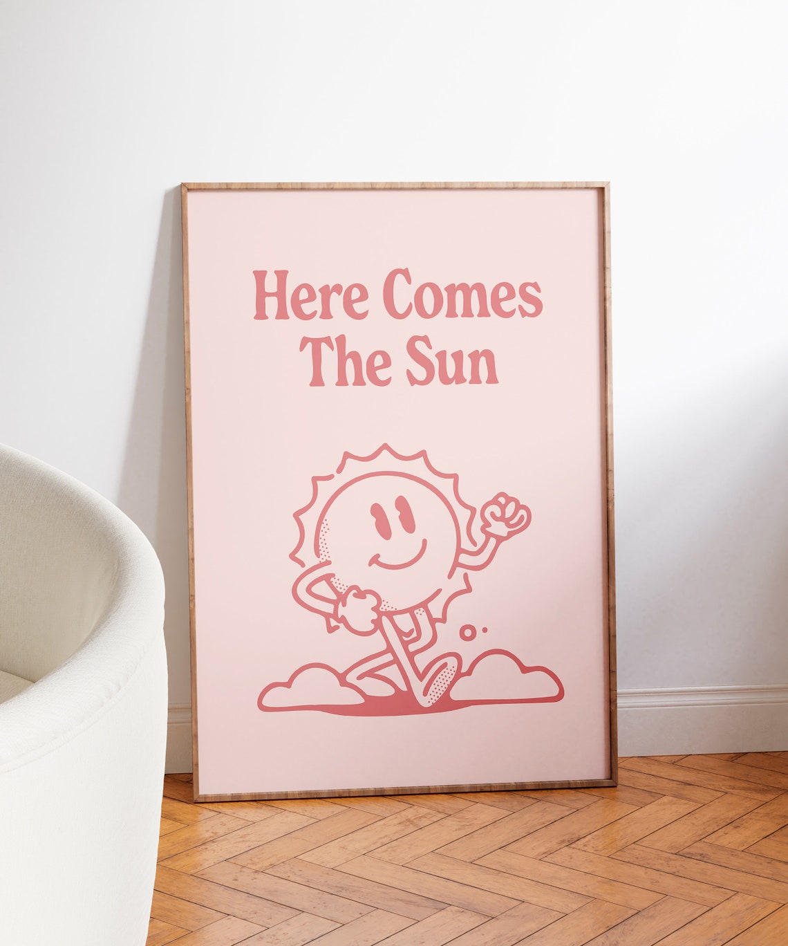 Here Comes The Sun Pink Smiling Sun Character Retro Quote Poster - Image 3
