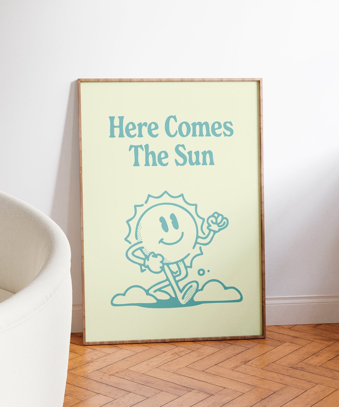 Here Comes The Sun Teal Retro Sun Mascot Lime Quote Wall Art - Image 5