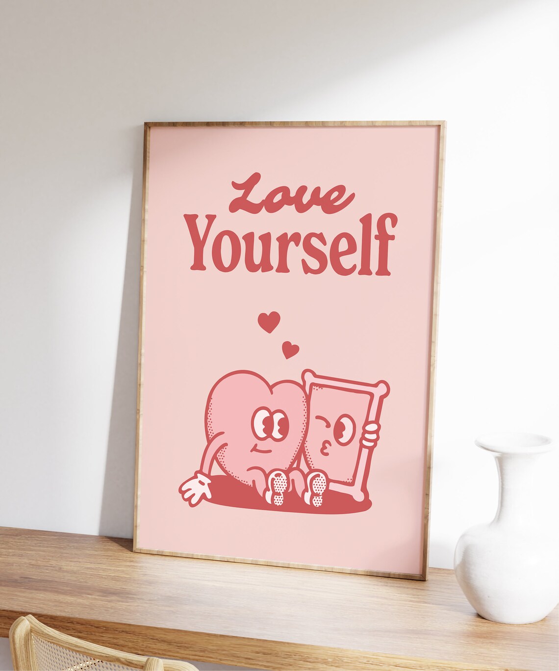 Love Yourself Retro Pink Heart Hugging Mirror Quote Wall Art - Image 7