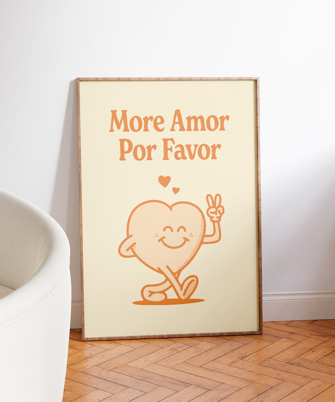 More Amor Por Favor Orange Heart Mascot Peace Spanish Quote Poster - Image 3