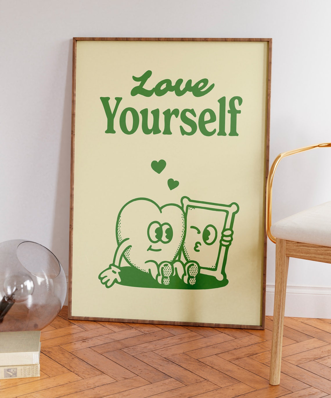 Love Yourself Retro Green Heart Self Care Quote Cute Wall Art - Image 7