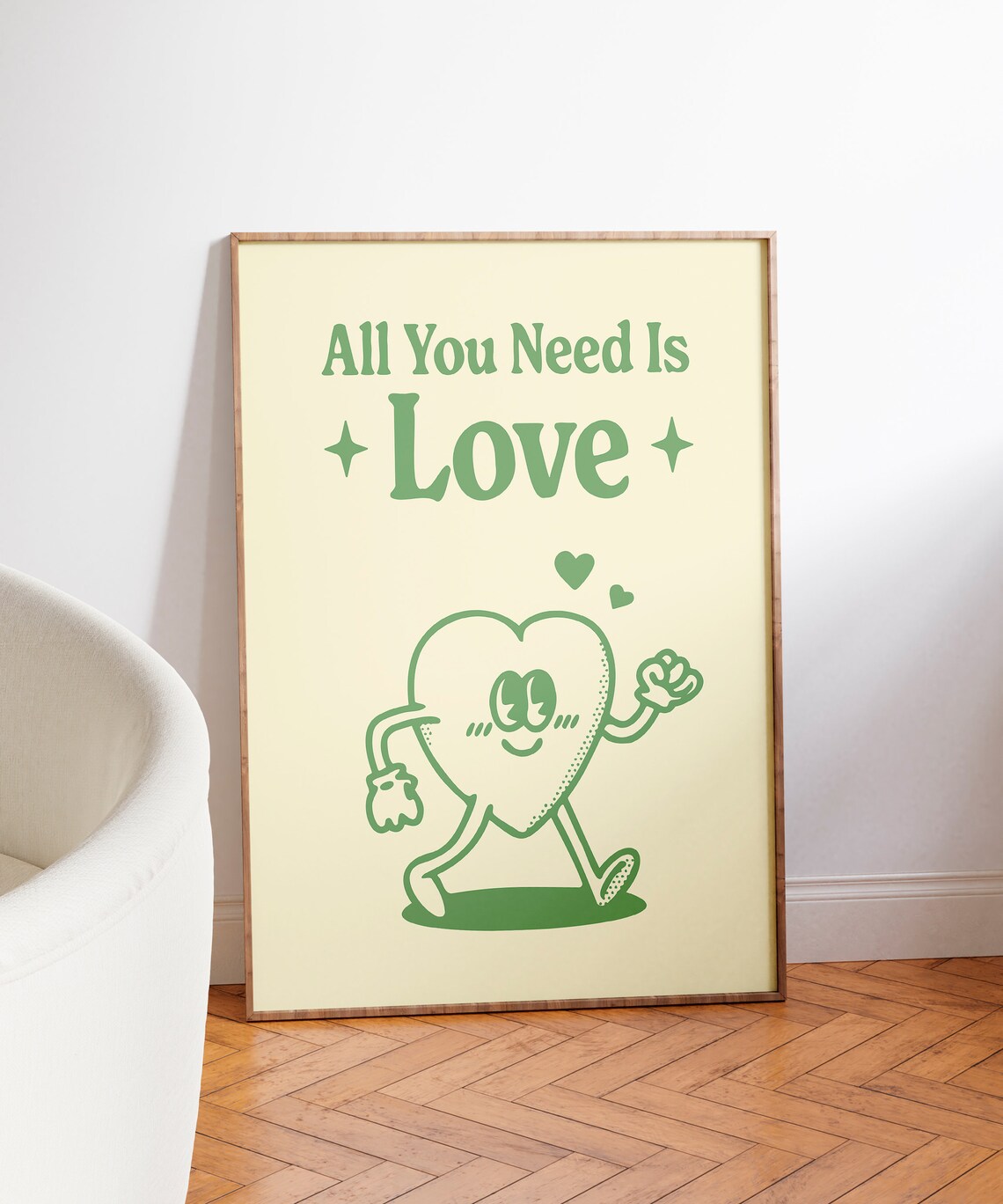 All You Need Is Love Cute Green Heart Retro Cartoon Quote Poster - Image 3