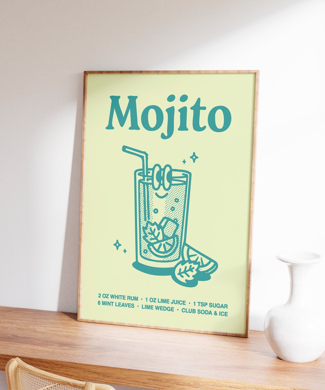Mojito Cocktail Recipe Smiling Glass Retro Green Bar Cart Poster - Image 5