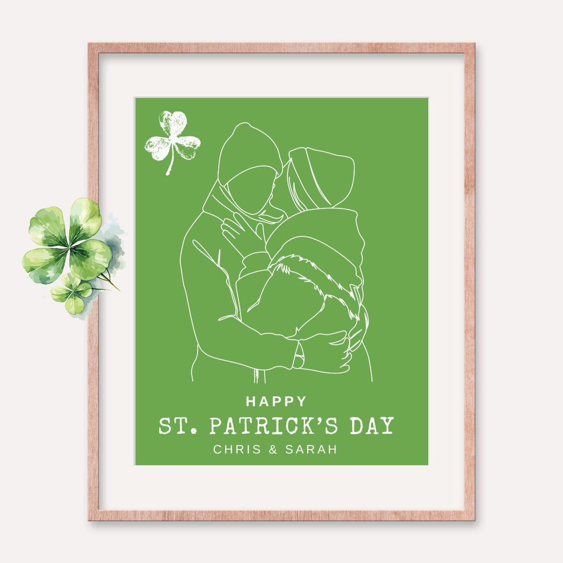 St. Patrick's Day Couple Kissing Line Art Portrait Poster Shamrock