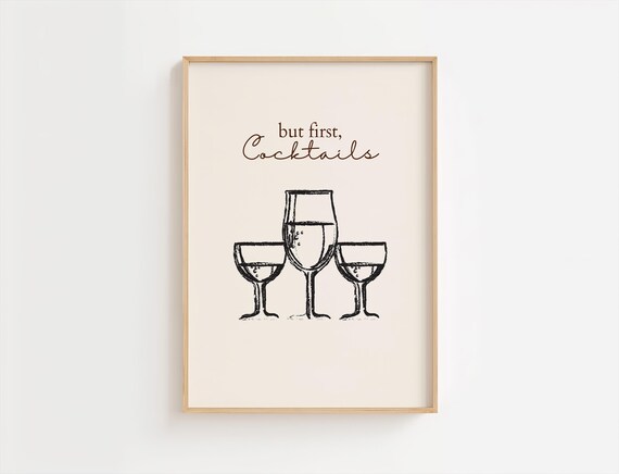 But First Cocktails Minimalist Line Drawing Bar Cart Style Poster