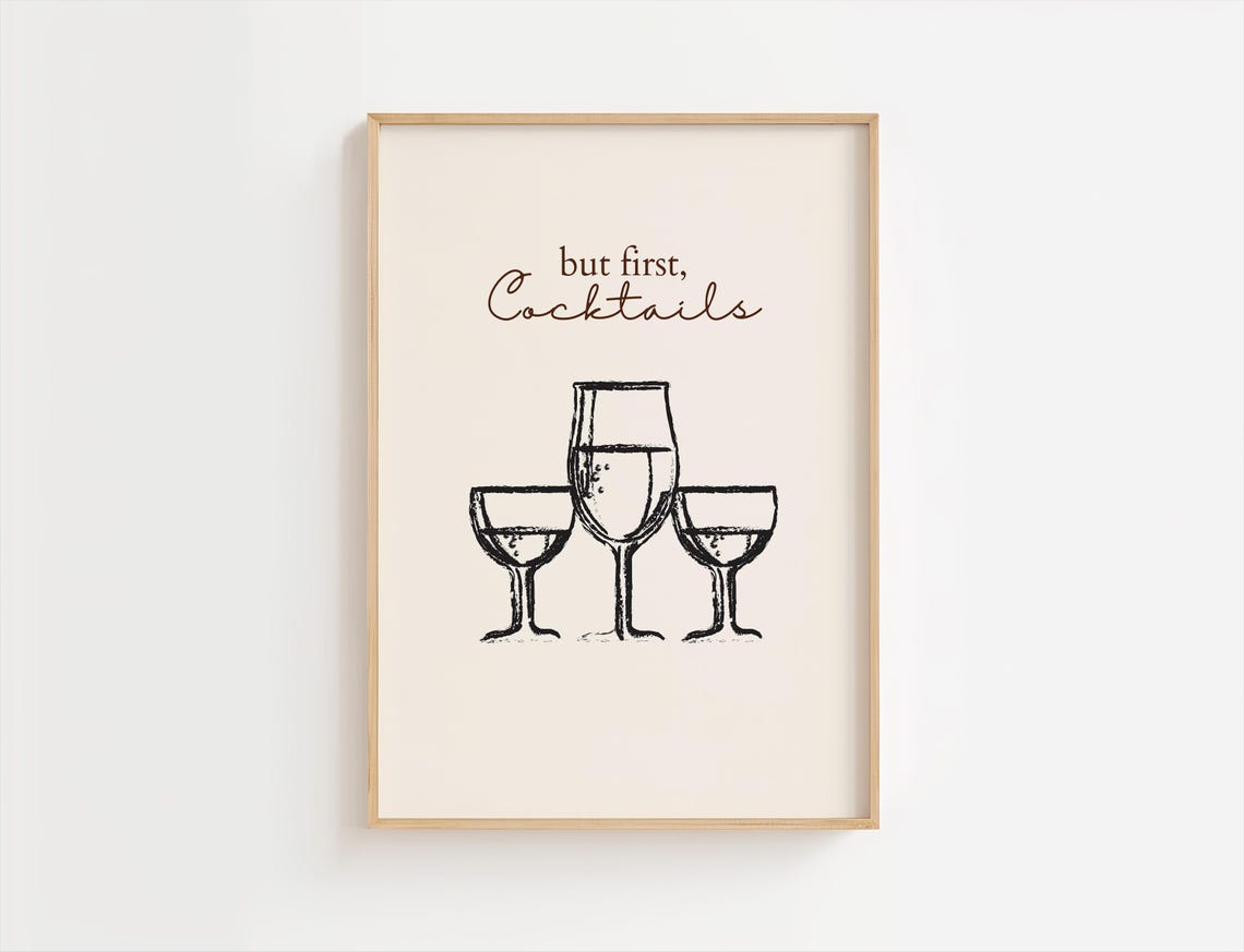 But First Cocktails Minimalist Line Drawing Bar Cart Style Poster