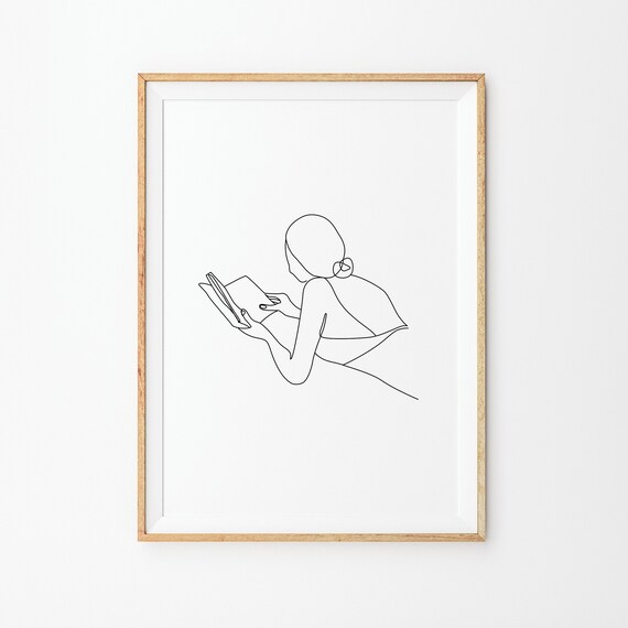 Woman Reading Book Line Art Minimalist Book Lover Gift Poster
