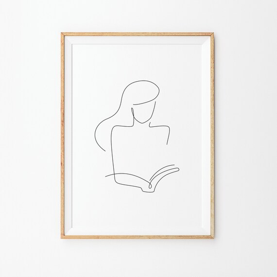 Woman Reading Book Single Line Drawing Minimalist Reader Poster