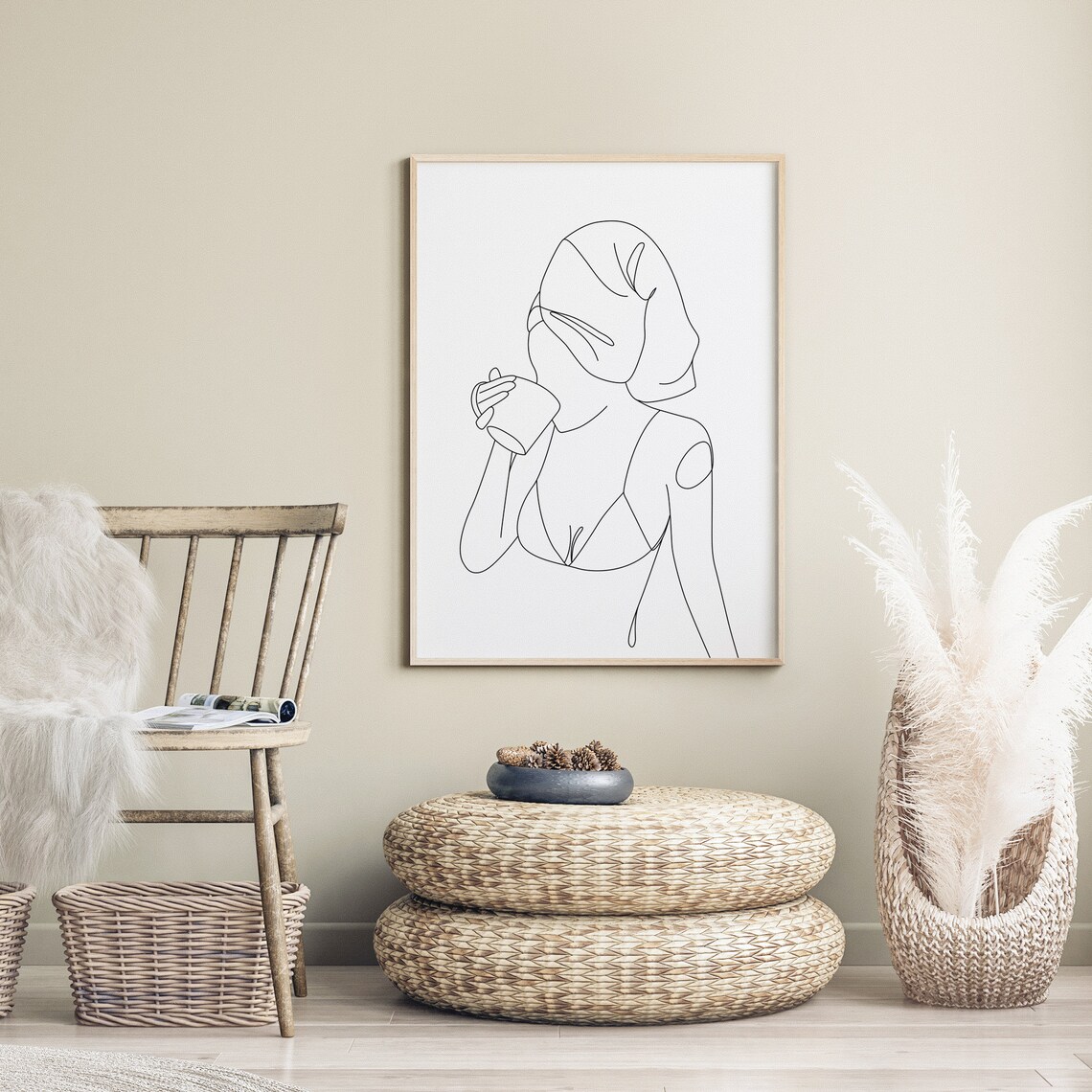 Woman Drinking Coffee with Towel on Head Line Drawing Poster - Image 2
