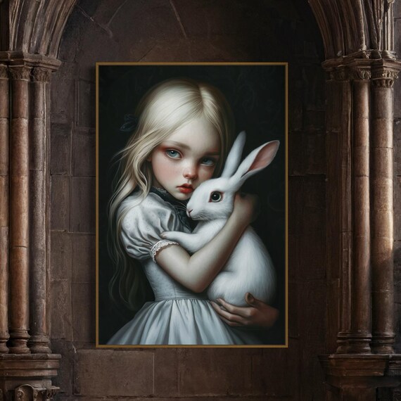 Blonde Girl Hugging White Rabbit Dark Fairytale Portrait Gothic Wall Poster