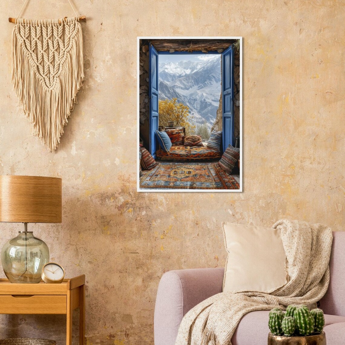 Open Blue Shutters Mountain View Cozy Reading Nook Travel Art Poster - Image 2