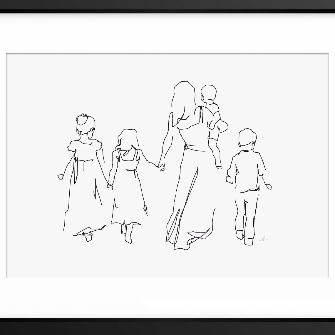 Mother Walking Away With Her Four Children Line Art Style Poster