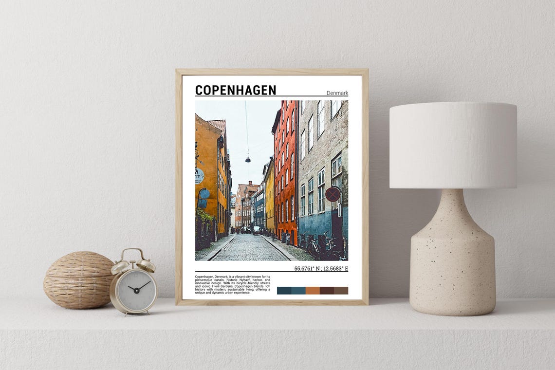 Copenhagen Denmark Cobblestone Street Colorful Houses Travel Poster - Image 2