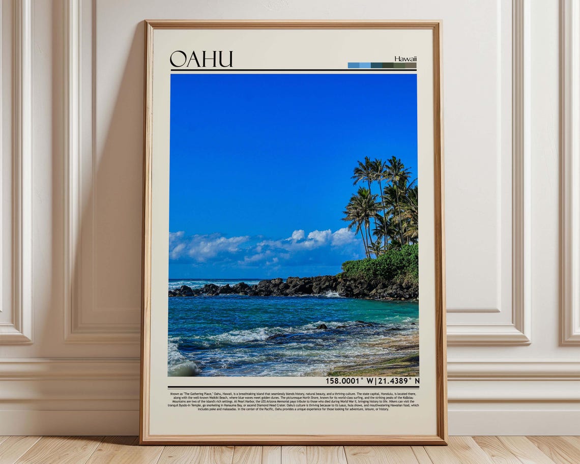 Oahu Hawaii Palm Tree Beach Turquoise Ocean Aloha Travel Poster