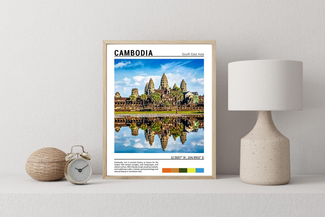 Angkor Wat Cambodia Ancient Temple Mirror Reflection Blue Sky Poster - Image 2