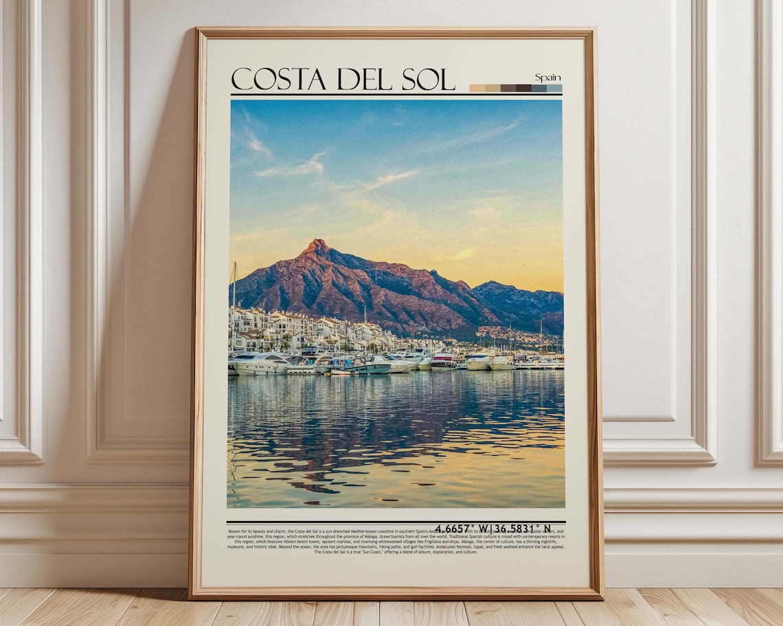 Costa del Sol Spain Marina Sunset over Mountains Travel Poster