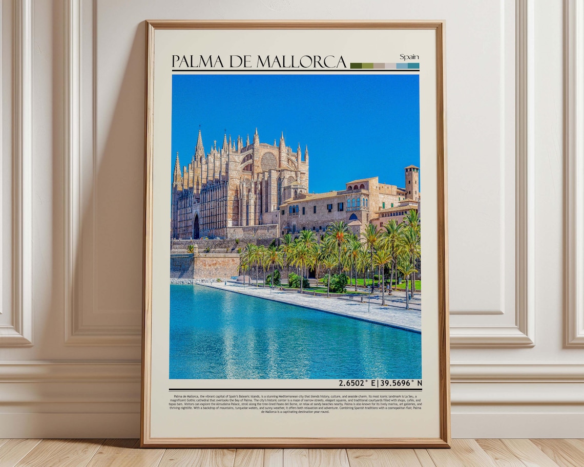 Palma De Mallorca Cathedral Waterfront Palm Trees Travel Poster