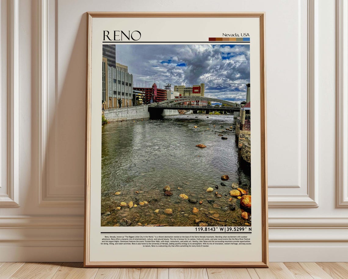 Reno Nevada Truckee River Downtown Arched Bridge Scenic Travel Poster