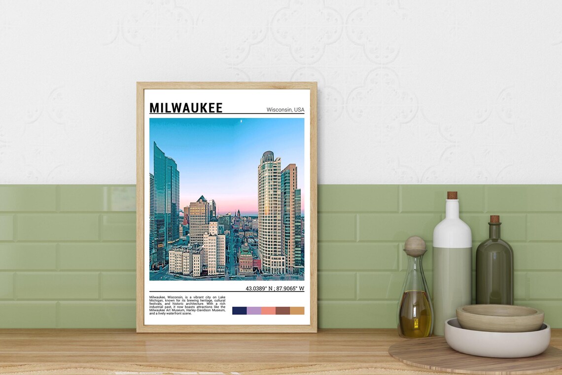 Milwaukee Wisconsin Downtown Glass Towers Dusk Skyline Travel Poster - Image 3