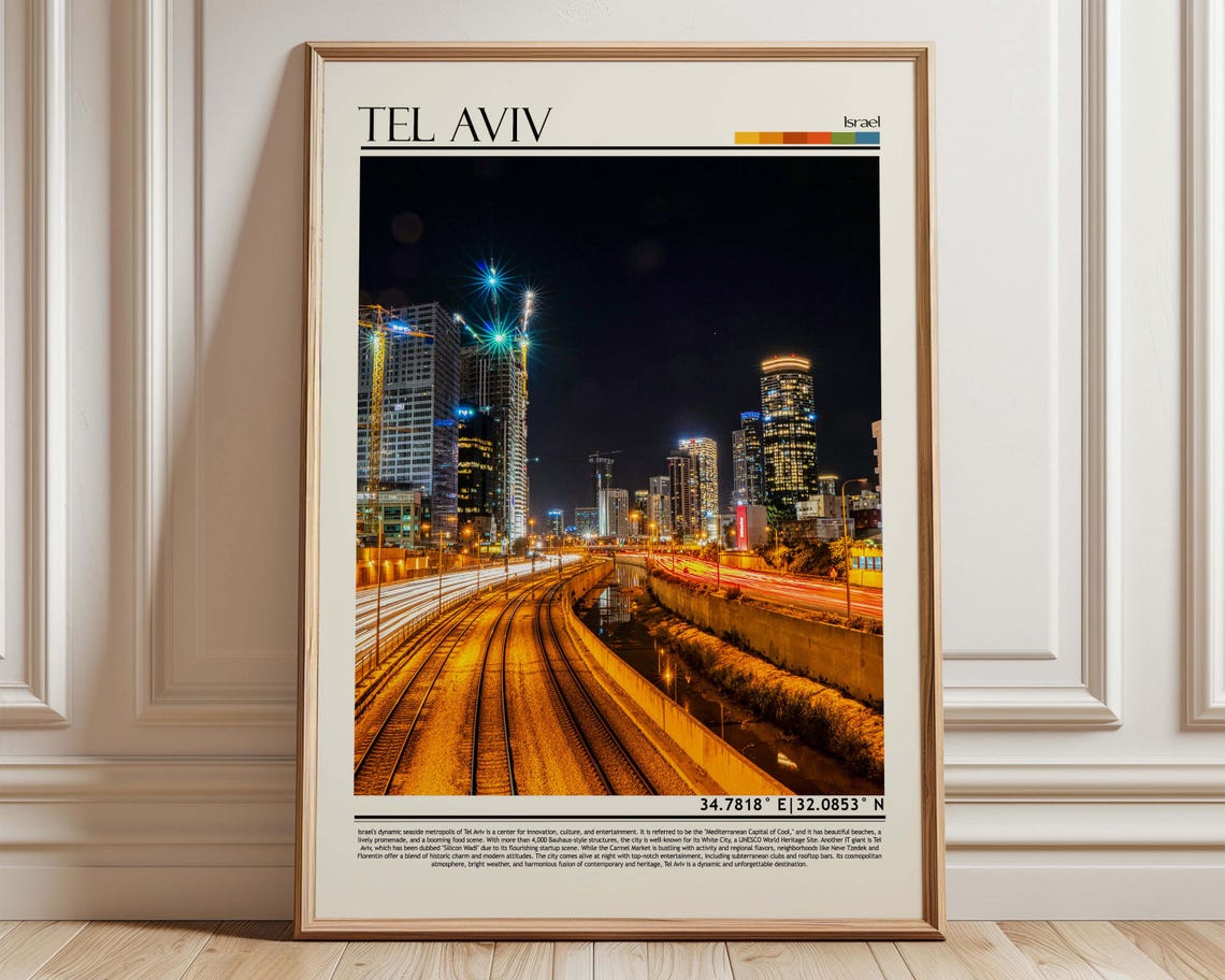 Tel Aviv Israel Night Skyline Highway Light Trails City Travel Poster