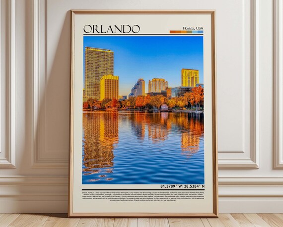 Orlando Florida City Skyline Lake Eola Reflection Travel Poster