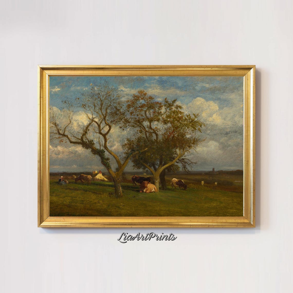 Pastoral Cows Resting Under Trees in a Wide Green Meadow Vintage Print - Image 3