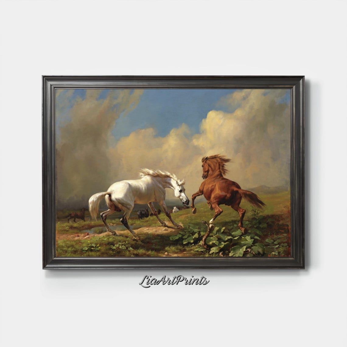 White and Chestnut Stallions Fighting Equestrian Classic Art Poster - Image 3