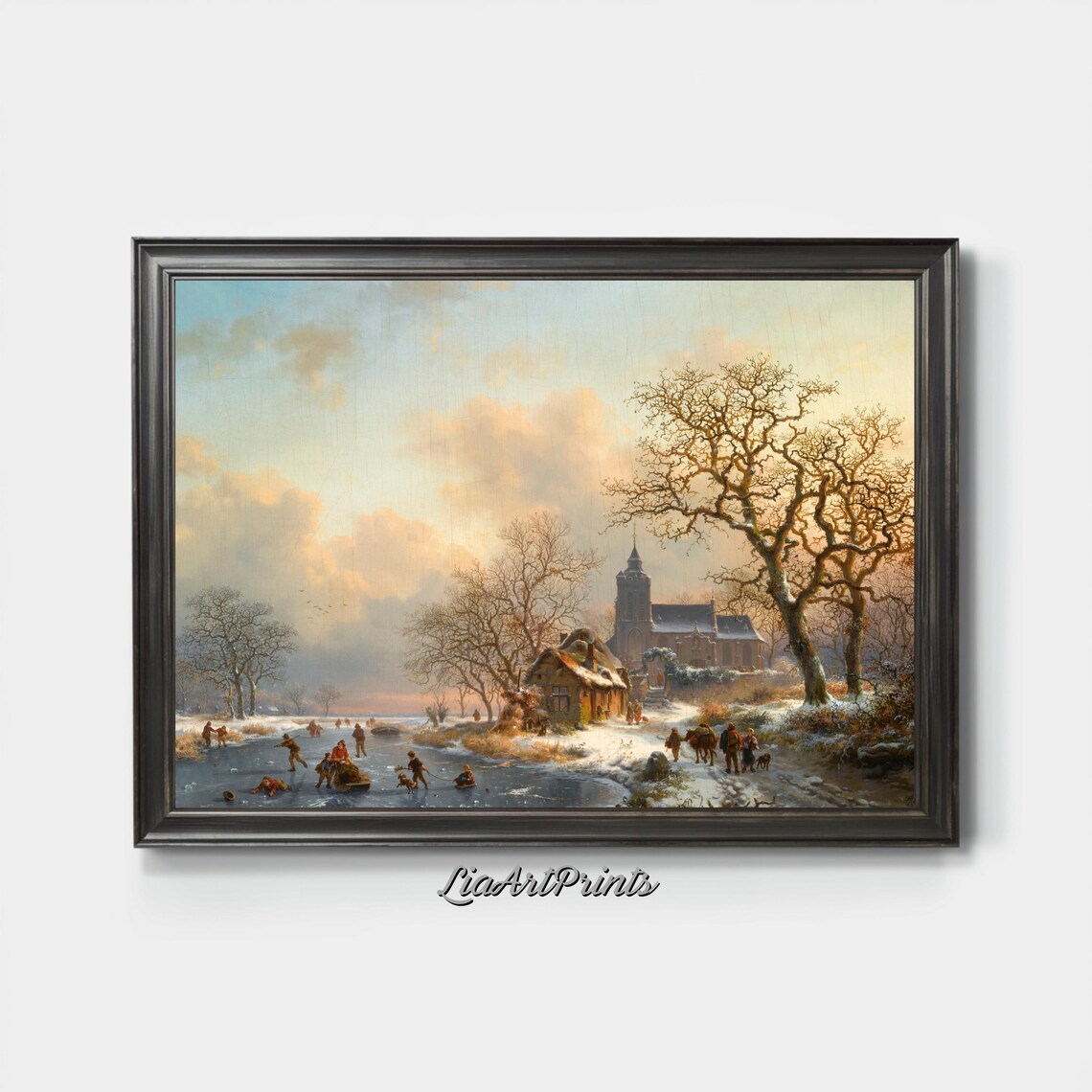 Winter Village Skaters Vintage Oil Painting with Frozen River and Church Poster - Image 3