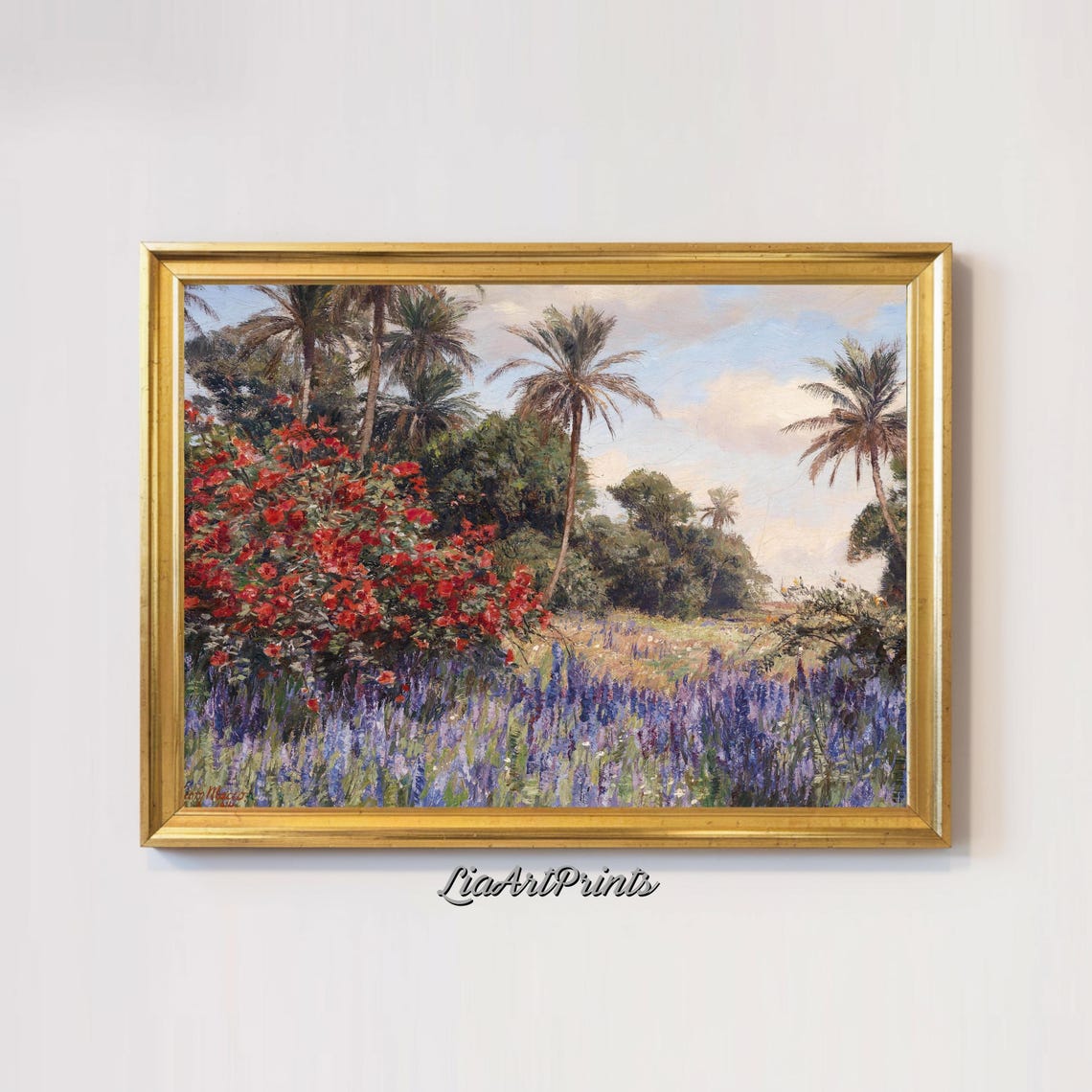 Vibrant Floral Landscape With Palm Trees Exotic Nature Painting Colorful Garden Artwork - Image 3