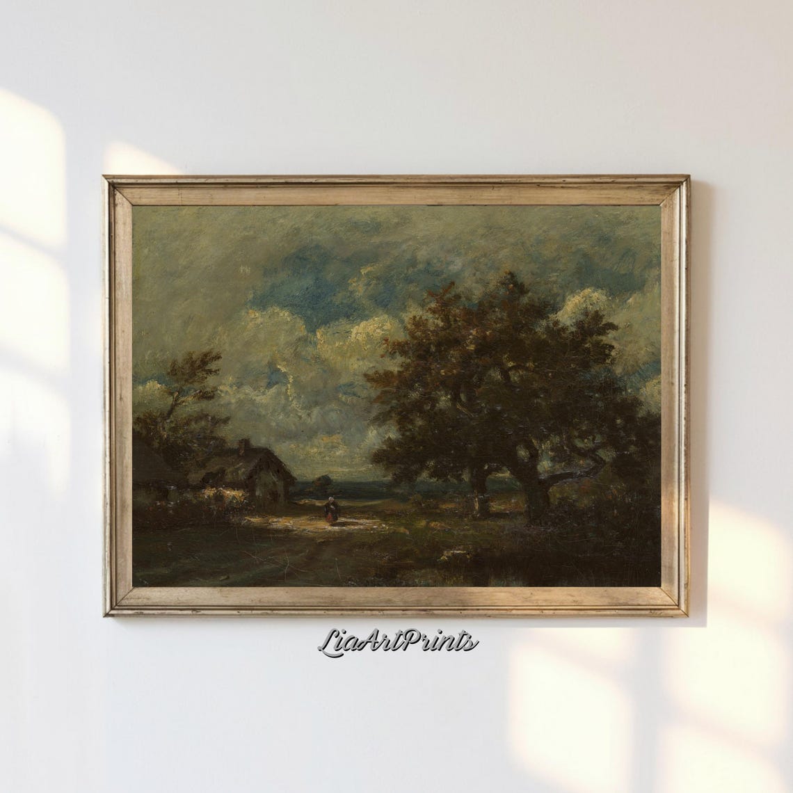 Lone Figure on a Dark Cottage Path Under Storm Clouds Vintage Poster